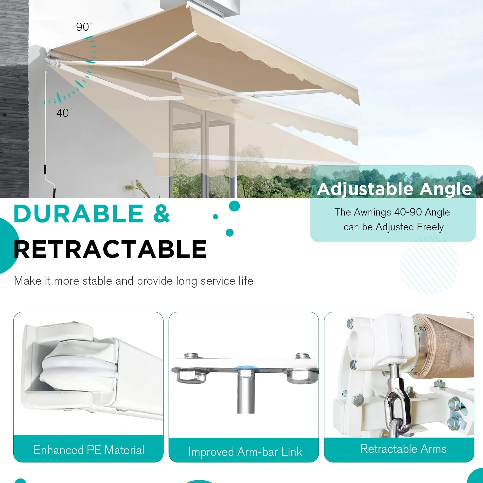 AECOJOY 16'x10' Manual Retractable Awning Sun Shade, Patio Awning Canopy