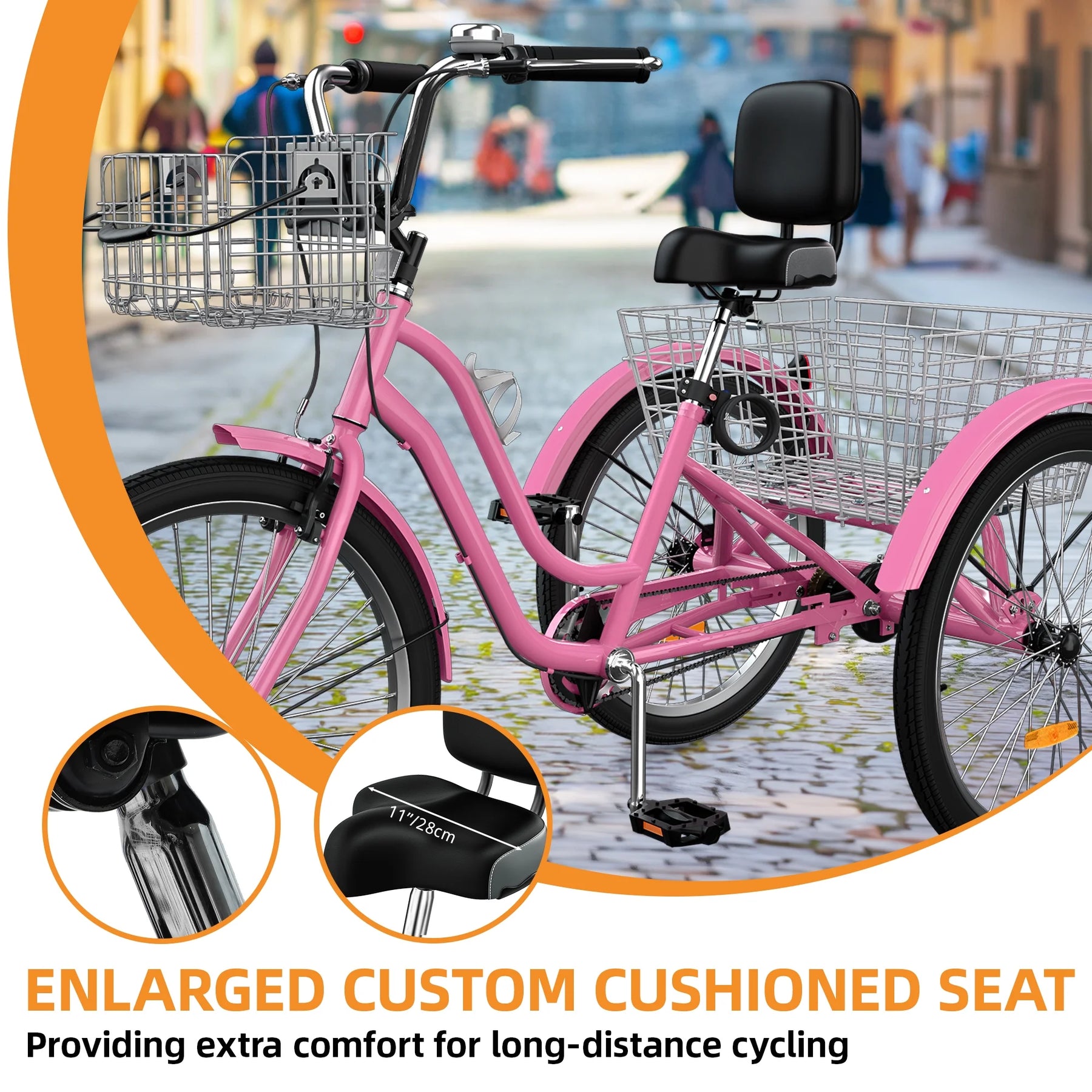 Dextrus 24 in 3 - Wheel Bike, Single Speed Adult Trike, Low Step - Through Cruiser with Front & Rear Baskets, Large Adjustable Seat with Backrest for Seniors, Men, and Women (Purple)