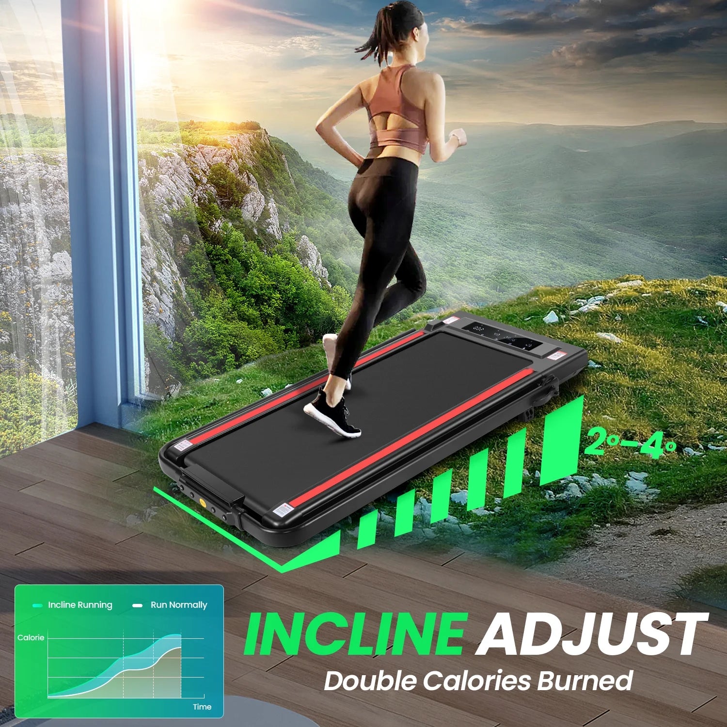 2 in 1 Walking Pad Treadmill with Incline, 2.5HP Under Desk Treadmill with Handle Remote Control & LED Touch Screen for Home Office Workout, 300 lb Weight Capacity Black & Green
