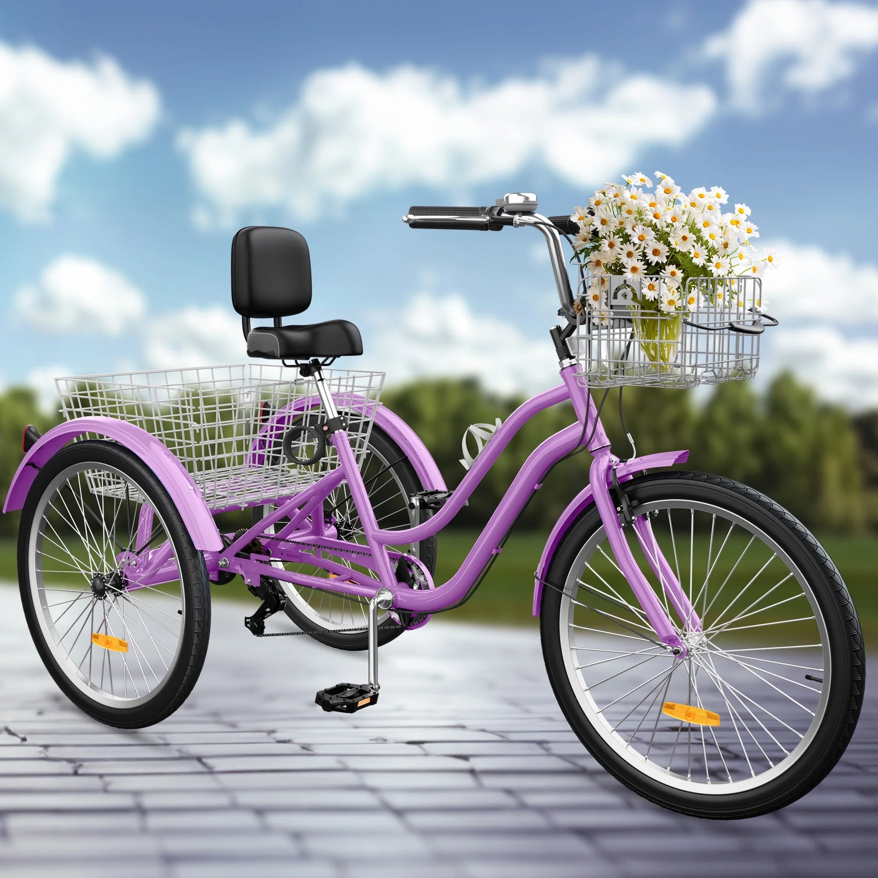 Dextrus 24 in 3 - Wheel Bike, Single Speed Adult Trike, Low Step - Through Cruiser with Front & Rear Baskets, Large Adjustable Seat with Backrest for Seniors, Men, and Women (Purple)