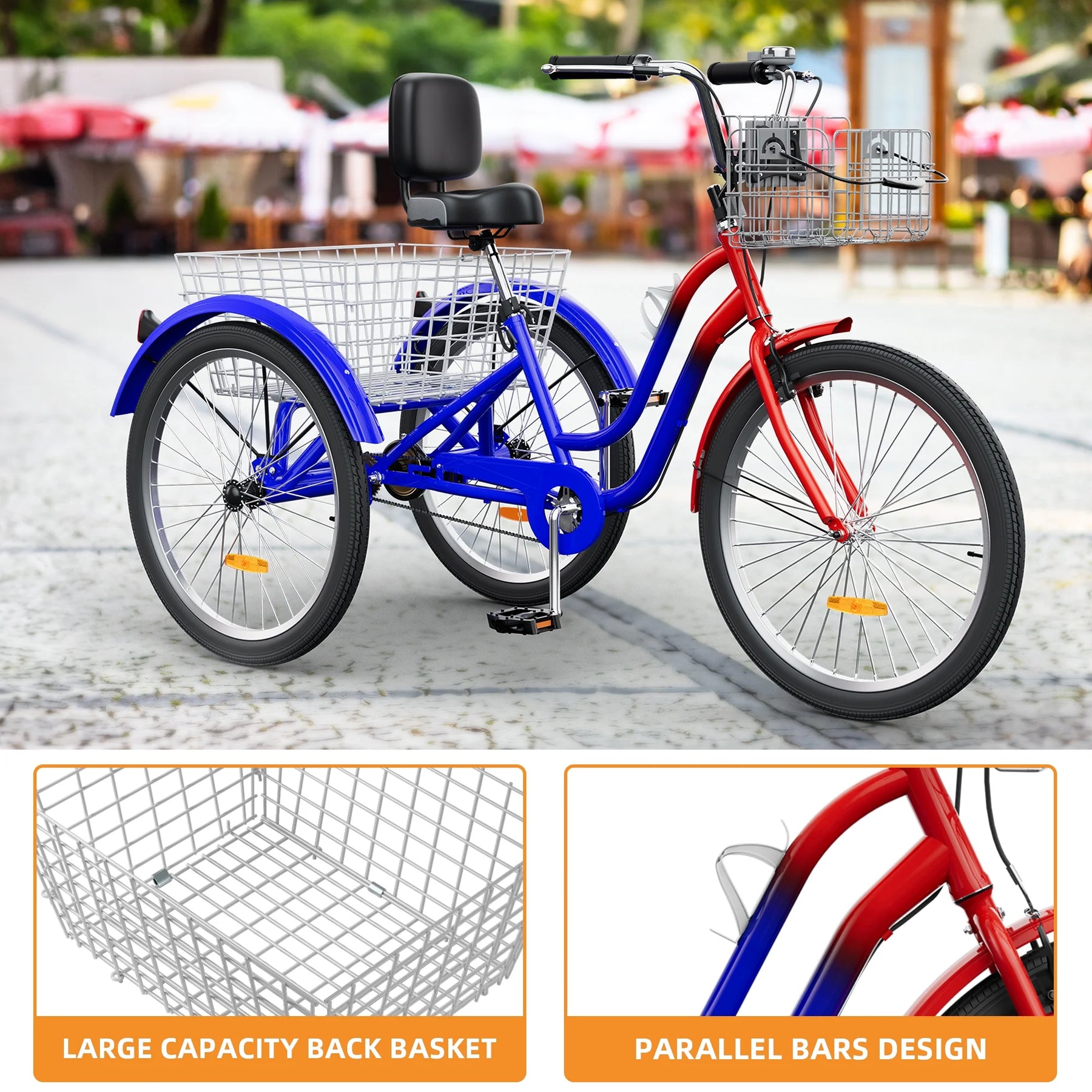 Dextrus 24 in 3 - Wheel Bike, Single Speed Adult Trike, Low Step - Through Cruiser with Front & Rear Baskets, Large Adjustable Seat with Backrest for Seniors, Men, and Women (Purple)