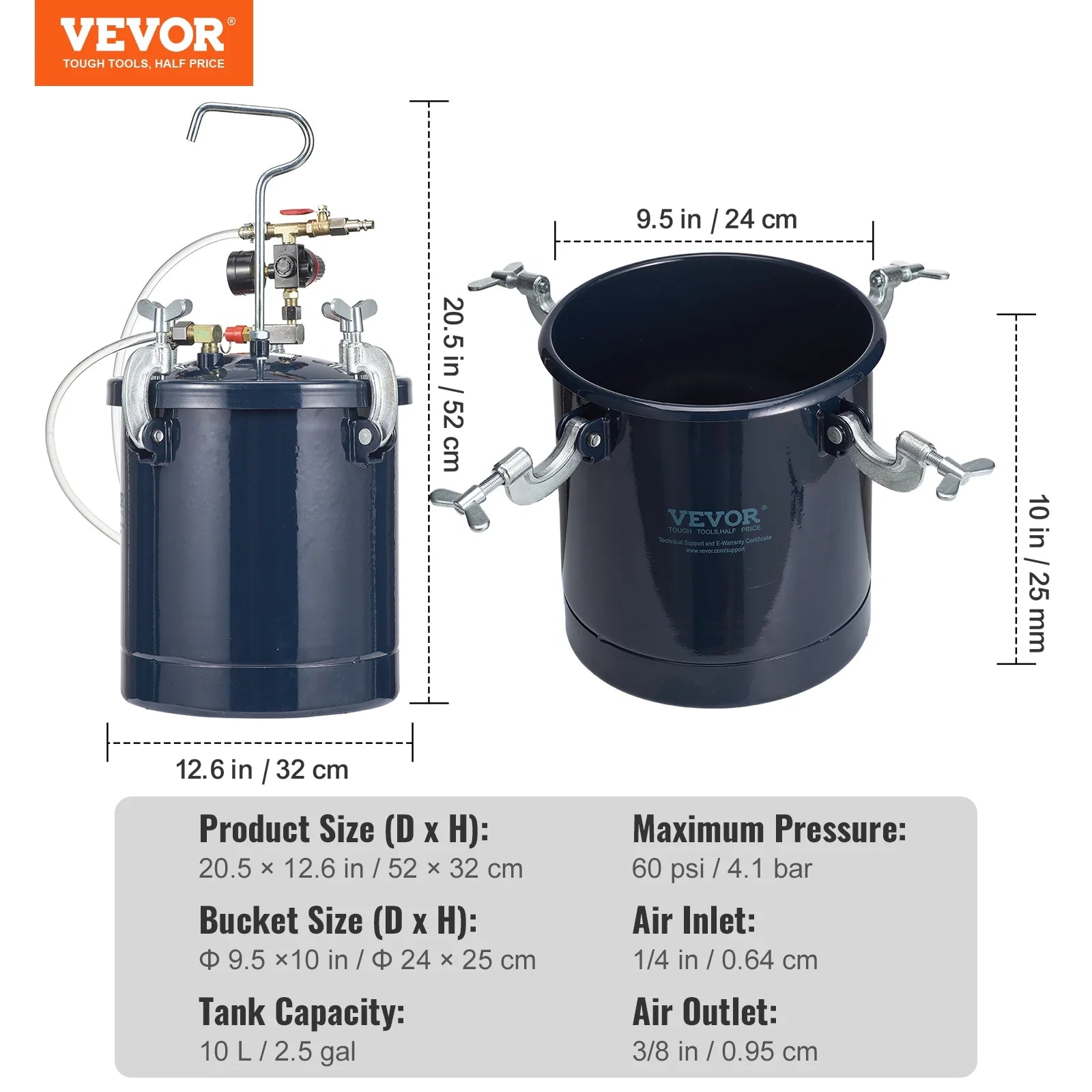 SKYSHALO Spray Paint Pressure Pot Tank, 10 L/2.5gal Air Paint Pressure Pot, 1.5mm+4mm Two Nozzles Two Spray Paint Guns for Industry Home Decor Architecture Construction Automotive Painting, 60PSI Max