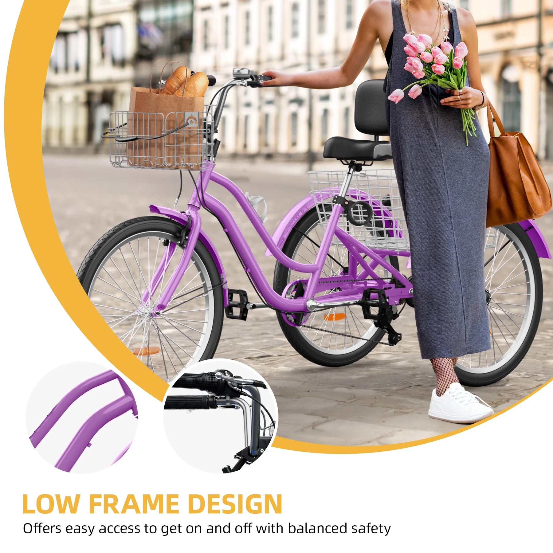 Dextrus 24 in 3 - Wheel Bike, Single Speed Adult Trike, Low Step - Through Cruiser with Front & Rear Baskets, Large Adjustable Seat with Backrest for Seniors, Men, and Women (Purple)