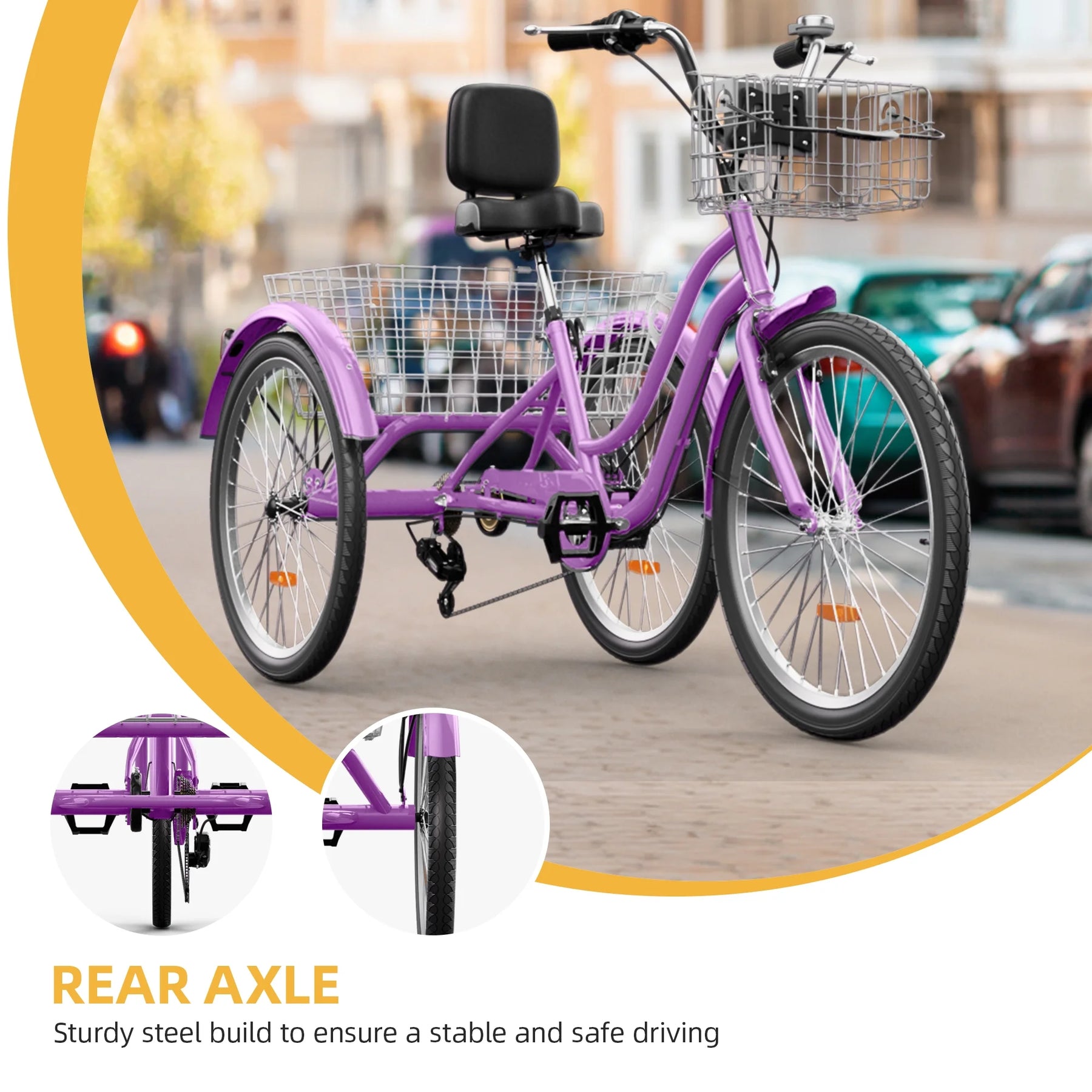 Dextrus 24 in 3 - Wheel Bike, Single Speed Adult Trike, Low Step - Through Cruiser with Front & Rear Baskets, Large Adjustable Seat with Backrest for Seniors, Men, and Women (Purple)