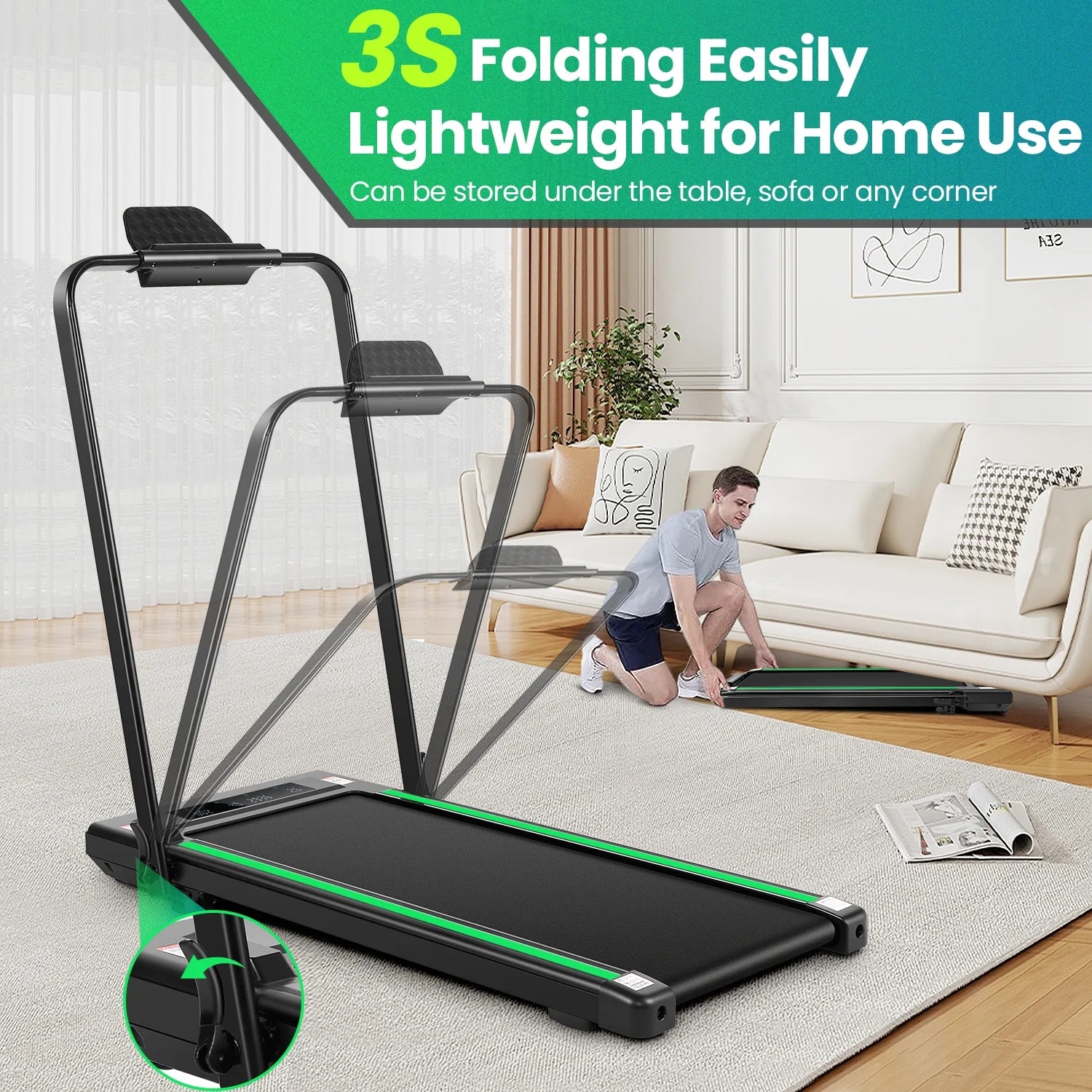 2 in 1 Walking Pad Treadmill with Incline, 2.5HP Under Desk Treadmill with Handle Remote Control & LED Touch Screen for Home Office Workout, 300 lb Weight Capacity Black & Green
