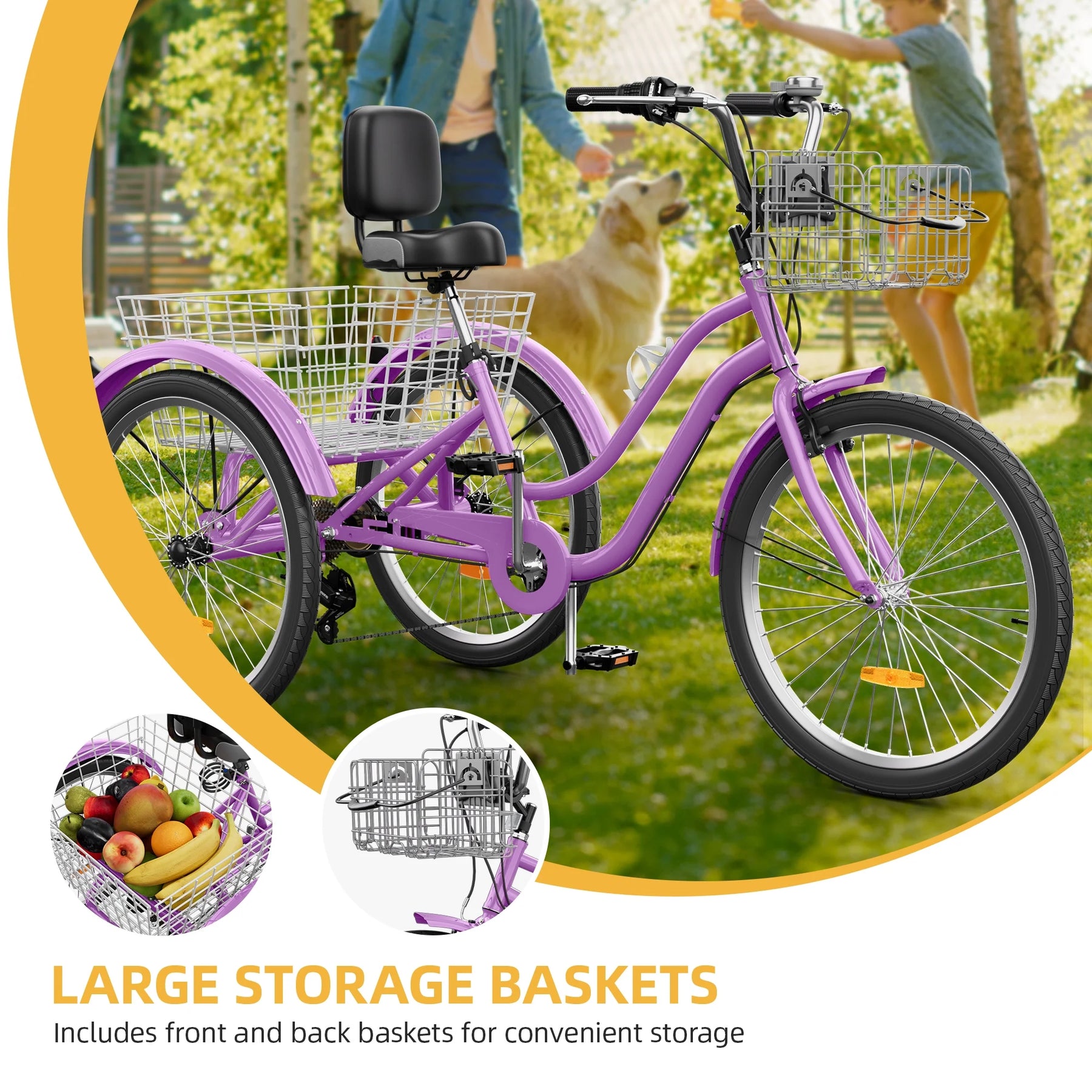 Dextrus 24 in 3 - Wheel Bike, Single Speed Adult Trike, Low Step - Through Cruiser with Front & Rear Baskets, Large Adjustable Seat with Backrest for Seniors, Men, and Women (Purple)
