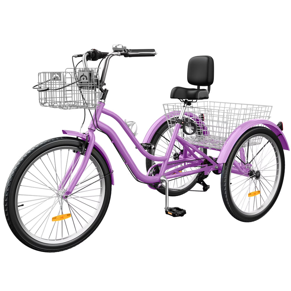 Dextrus 24 in 3 - Wheel Bike, Single Speed Adult Trike, Low Step - Through Cruiser with Front & Rear Baskets, Large Adjustable Seat with Backrest for Seniors, Men, and Women (Purple)