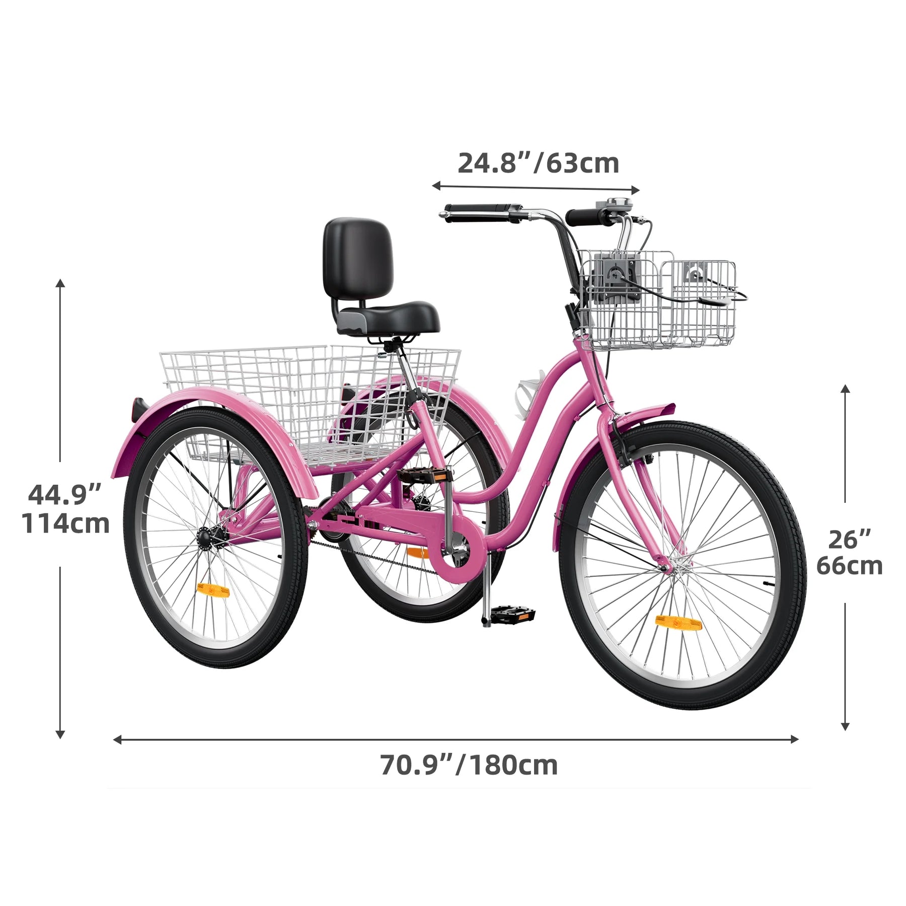 Dextrus 24 in 3 - Wheel Bike, Single Speed Adult Trike, Low Step - Through Cruiser with Front & Rear Baskets, Large Adjustable Seat with Backrest for Seniors, Men, and Women (Purple)