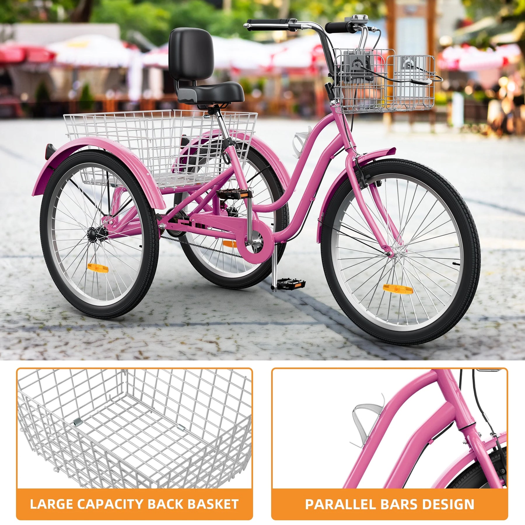 Dextrus 24 in 3 - Wheel Bike, Single Speed Adult Trike, Low Step - Through Cruiser with Front & Rear Baskets, Large Adjustable Seat with Backrest for Seniors, Men, and Women (Purple)